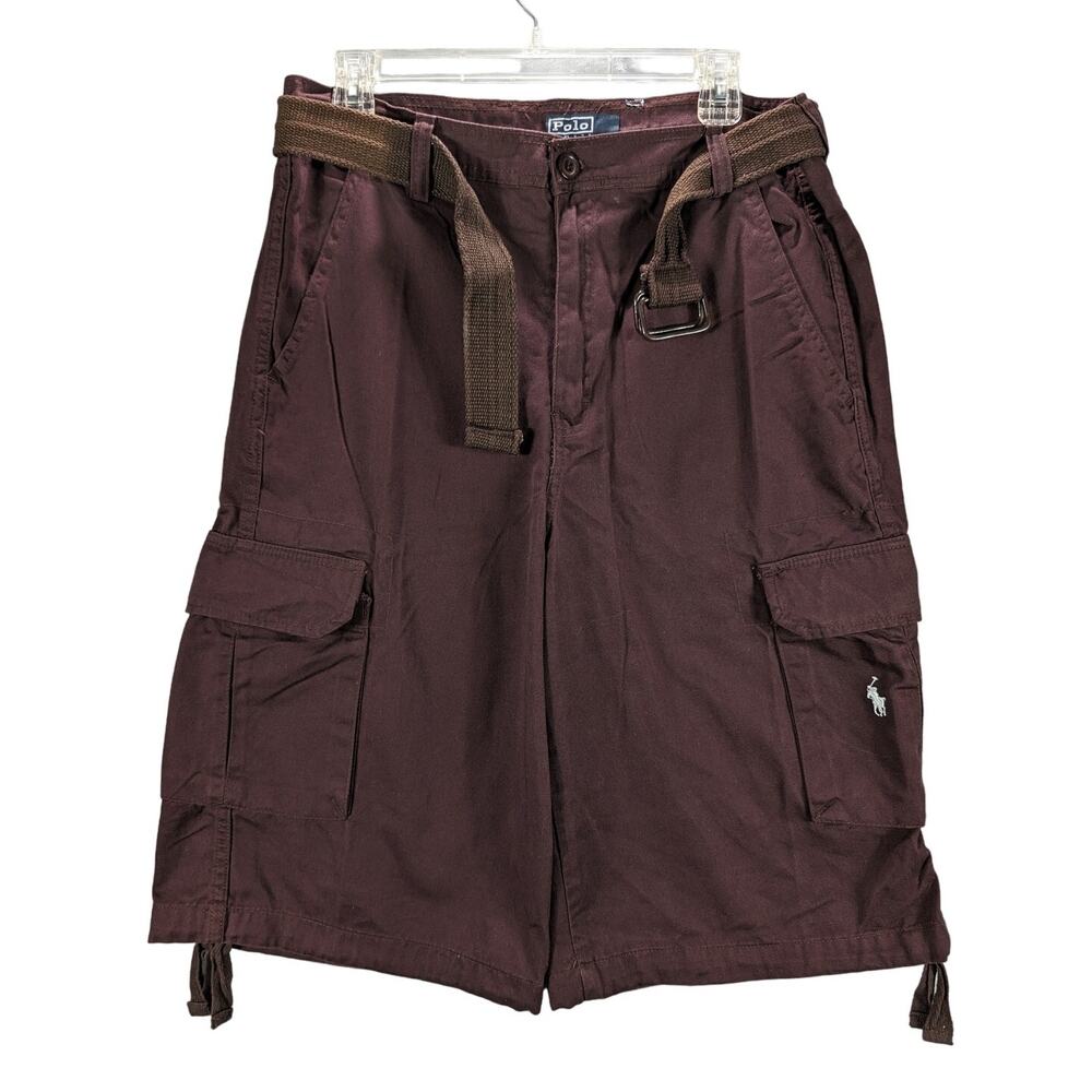 Polo Ralph Lauren Cargo Shorts Mens Maroon Red Size 36 Baggy Y2K Preppy Belt - Picture 1 of 7